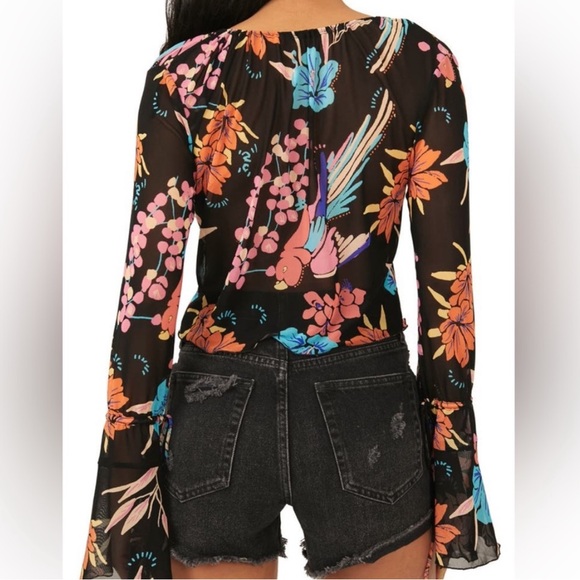 Free People Black/Pink Multicolor Floral Boho Crop Top, Size Medium - Picture 4 of 11